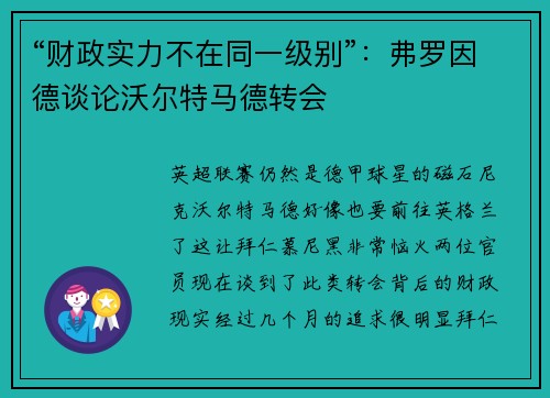 “财政实力不在同一级别”：弗罗因德谈论沃尔特马德转会