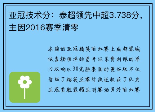 亚冠技术分：泰超领先中超3.738分，主因2016赛季清零